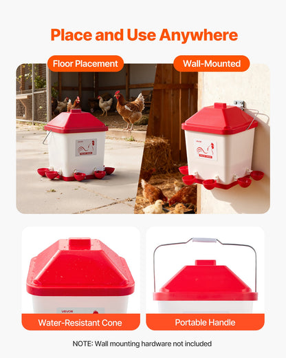 19L Automatic Chicken Waterer, 6 Water Ports, Automatic-Fill Water Cup, Automatic Gravity Waterer with Convenient Handle Sealed Rubber Ring, Waterproof PP Material, No Waste Design, for Chicken