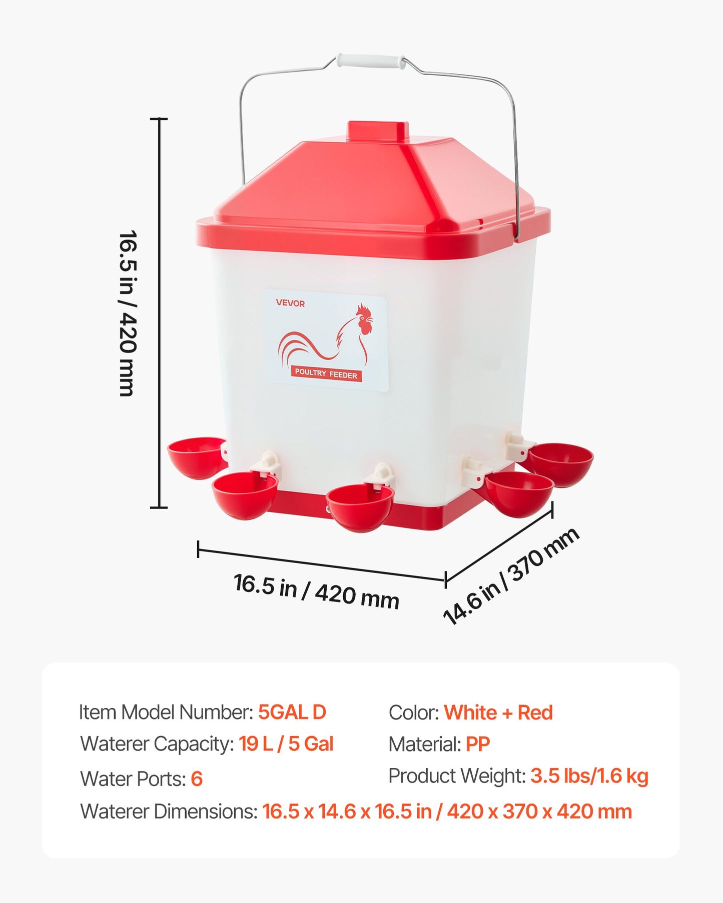 19L Automatic Chicken Waterer, 6 Water Ports, Automatic-Fill Water Cup, Automatic Gravity Waterer with Convenient Handle Sealed Rubber Ring, Waterproof PP Material, No Waste Design, for Chicken