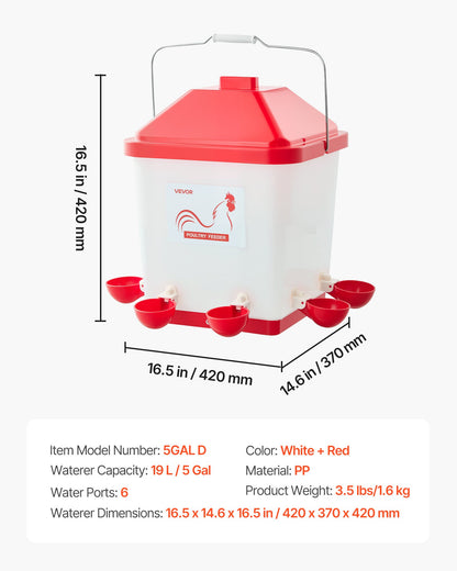 19L Automatic Chicken Waterer, 6 Water Ports, Automatic-Fill Water Cup, Automatic Gravity Waterer with Convenient Handle Sealed Rubber Ring, Waterproof PP Material, No Waste Design, for Chicken
