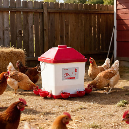 19L Automatic Chicken Waterer, 6 Water Ports, Automatic-Fill Water Cup, Automatic Gravity Waterer with Convenient Handle Sealed Rubber Ring, Waterproof PP Material, No Waste Design, for Chicken