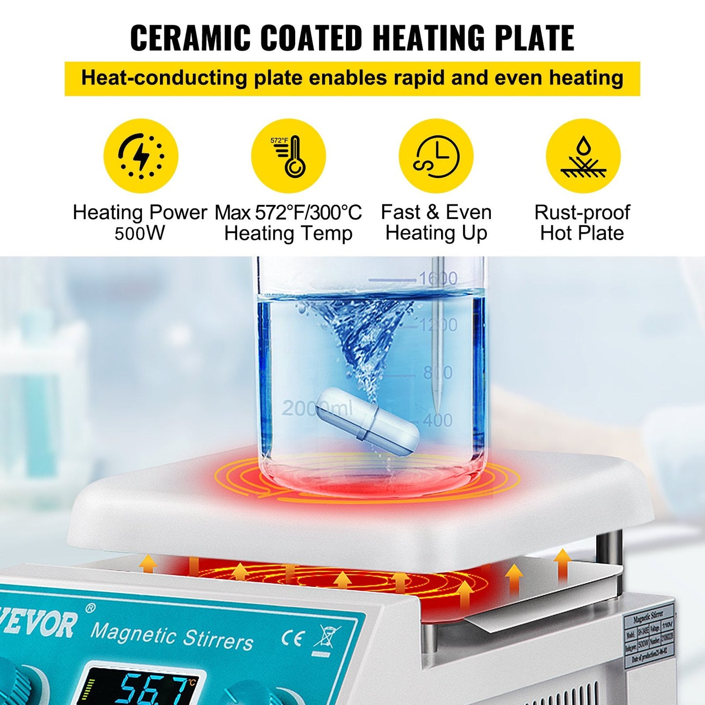 Digital Magnetic Hotplate Stirrer, 200-2000 RPM, 2L Capacity, 500W, 300°C Max