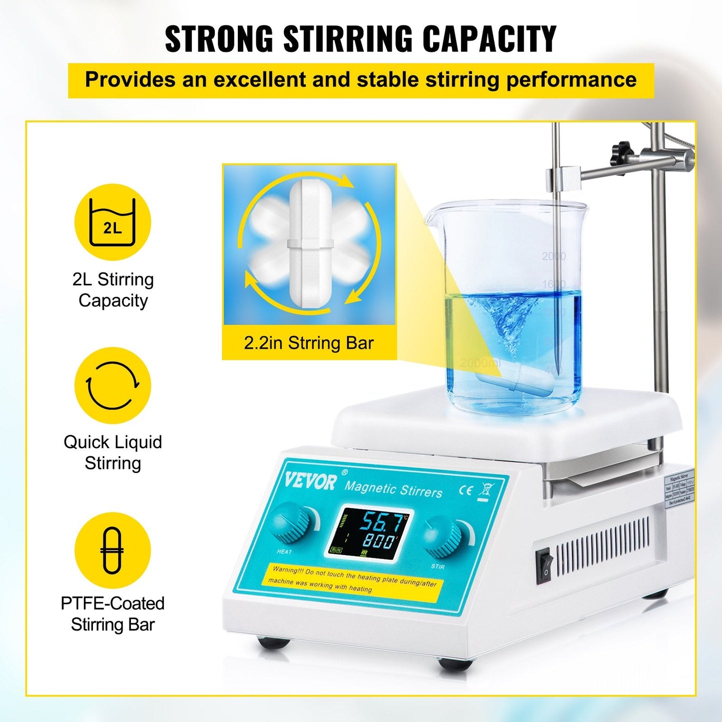 Digital Magnetic Hotplate Stirrer, 200-2000 RPM, 2L Capacity, 500W, 300°C Max