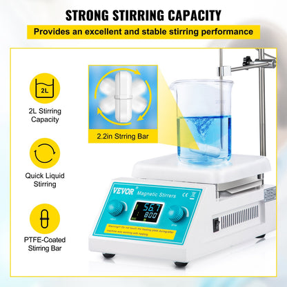 Digital Magnetic Hotplate Stirrer, 200-2000 RPM, 2L Capacity, 500W, 300°C Max