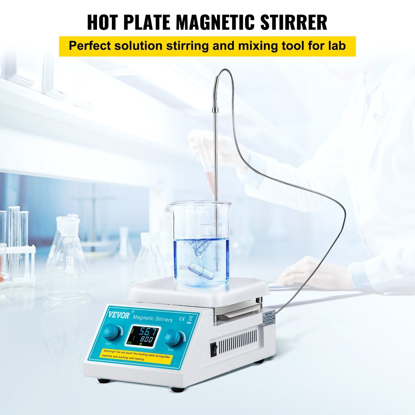 Digital Magnetic Stirrer Hot Plate, 200-2000 RPM, 2L, 500W, Lab Mixer