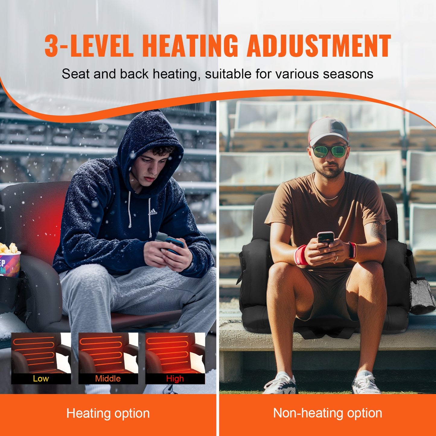 VEVOR Double Heated Stadium Seat with Back Support, 3 Level Heating Wide Bleacher