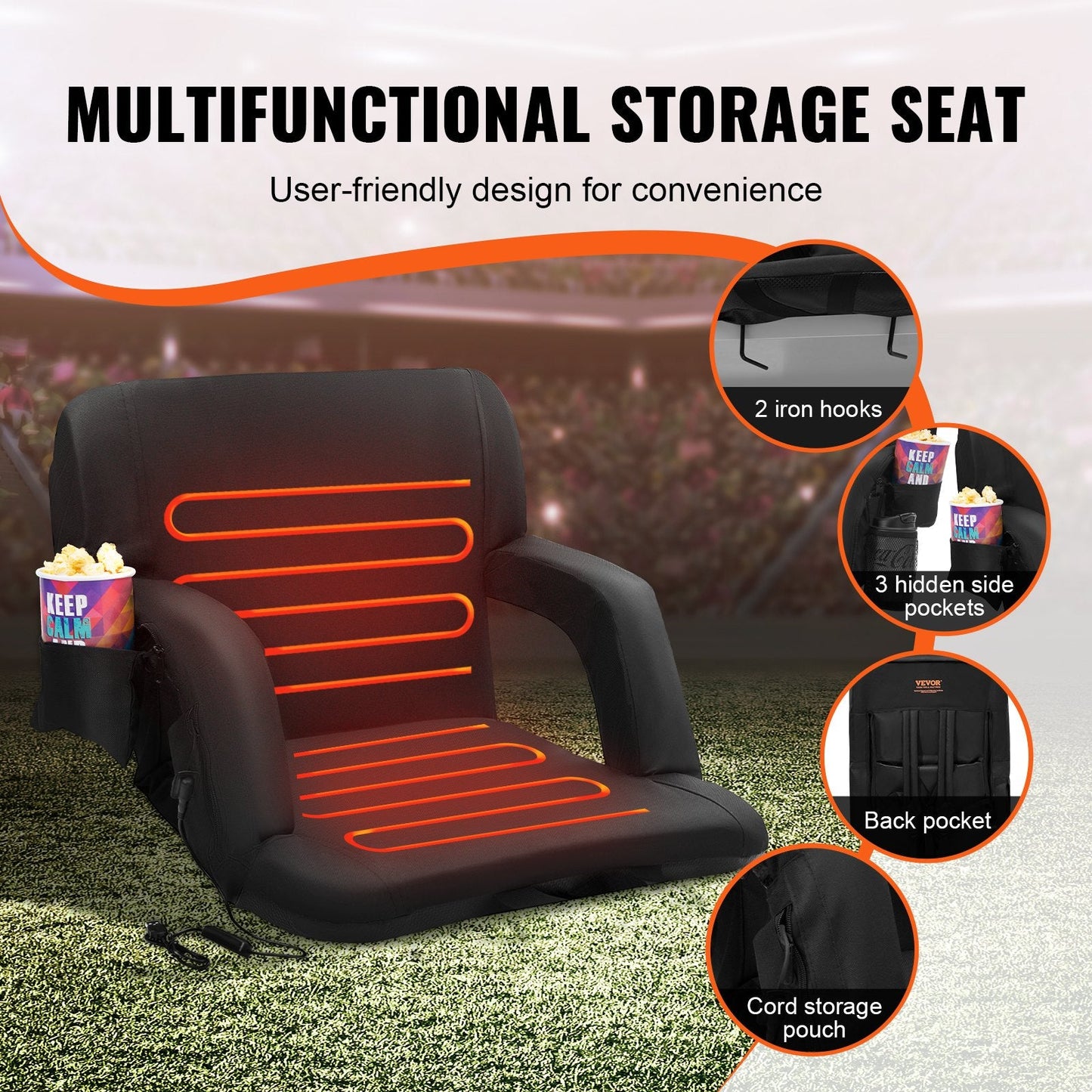 Double Heated Reclining Stadium Chair with Back Support and Cupholder