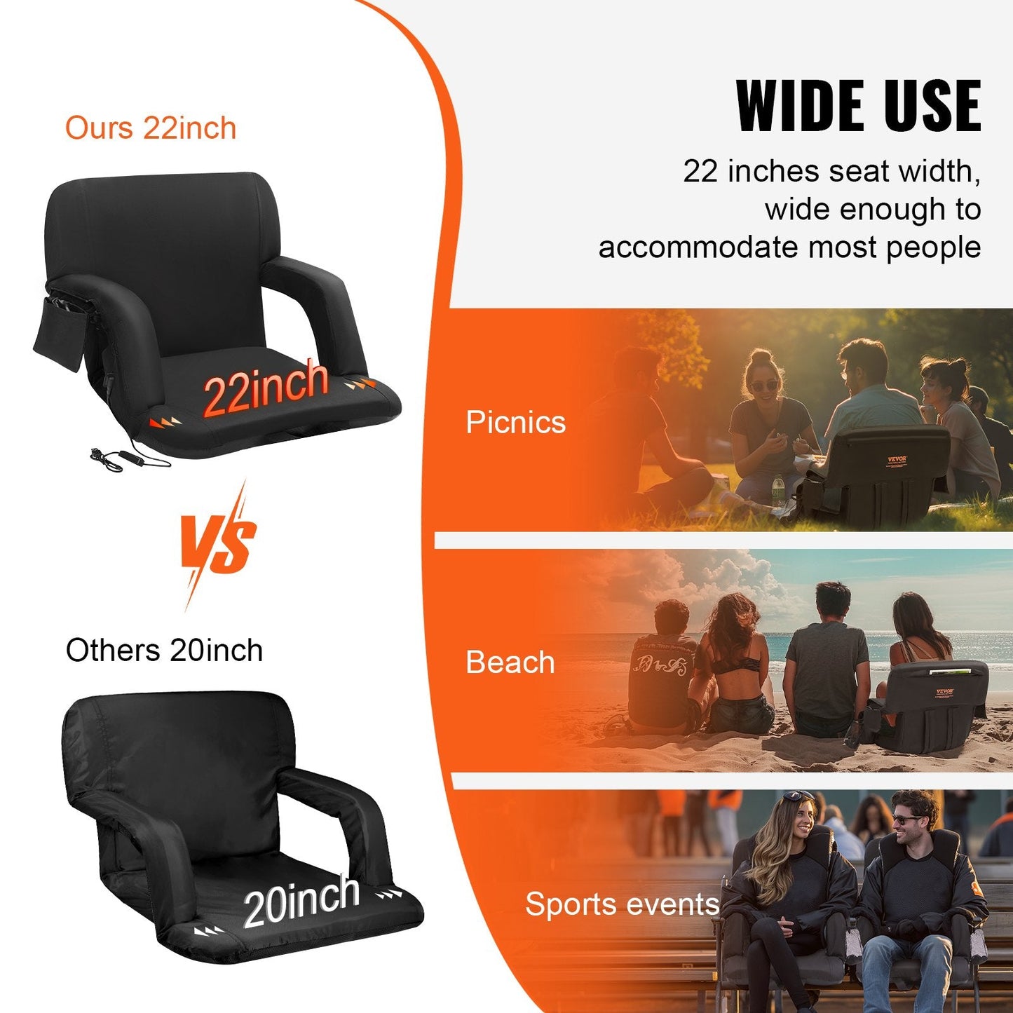 Double Heated Reclining Stadium Chair with Back Support and Cupholder