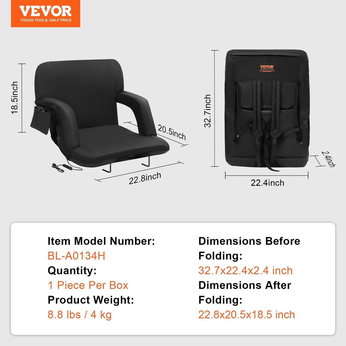 VEVOR Double Heated Stadium Seat with Back Support, 3 Level Heating Wide Bleacher