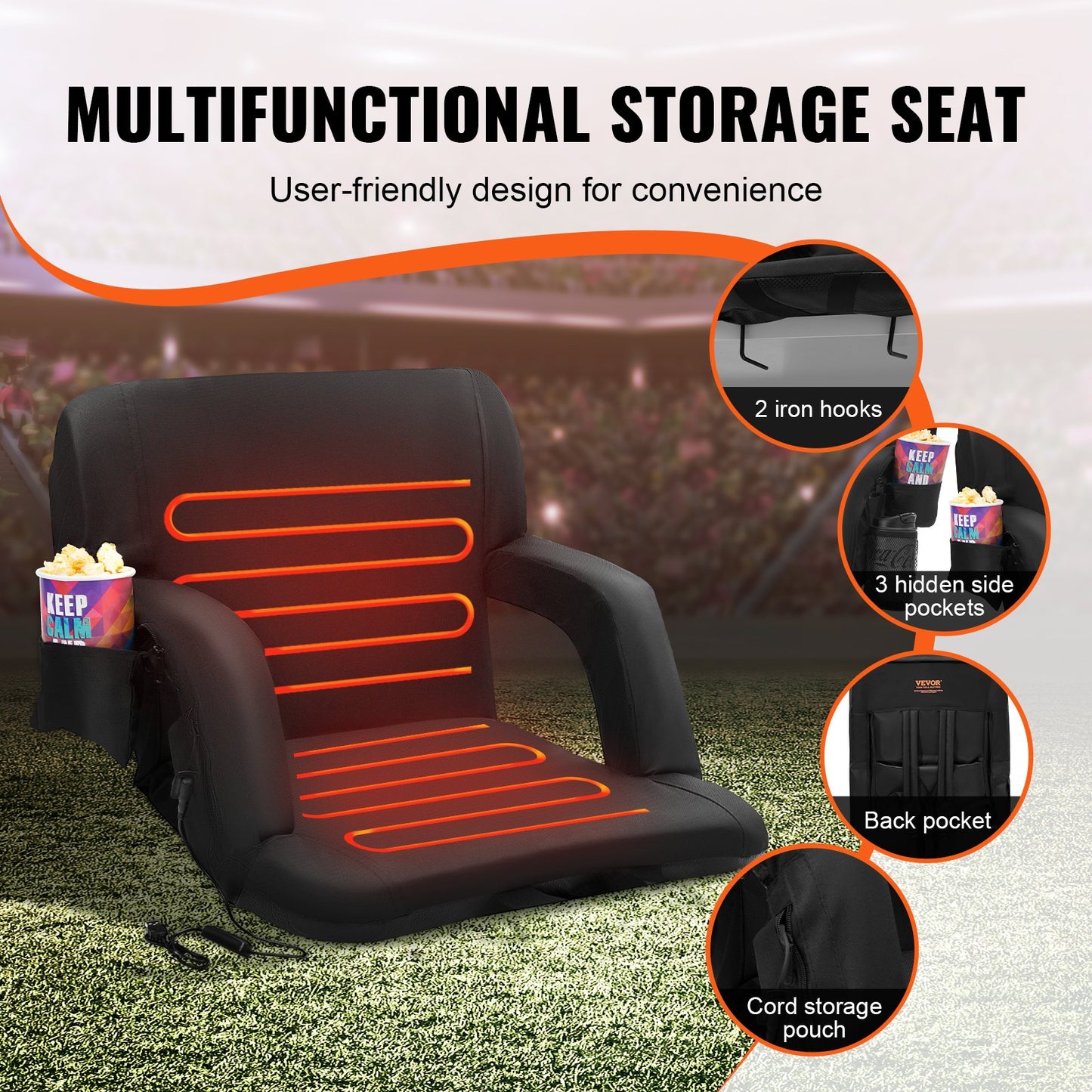 VEVOR Double Heated Stadium Seat with Back Support, 3 Level Heating Wide Bleacher
