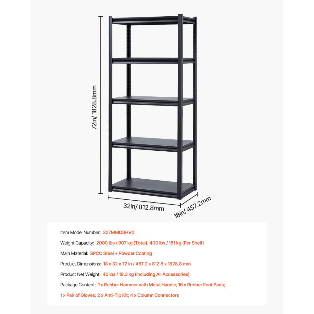 VEVOR Storage Shelves 18" D x 32" W x 72" H 5-tier Garage Storage Shelving，457 x 813 x 1829 mm