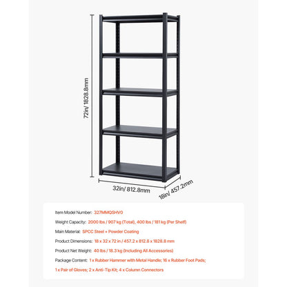VEVOR Storage Shelves 18" D x 32" W x 72" H 5-tier Garage Storage Shelving，457 x 813 x 1829 mm