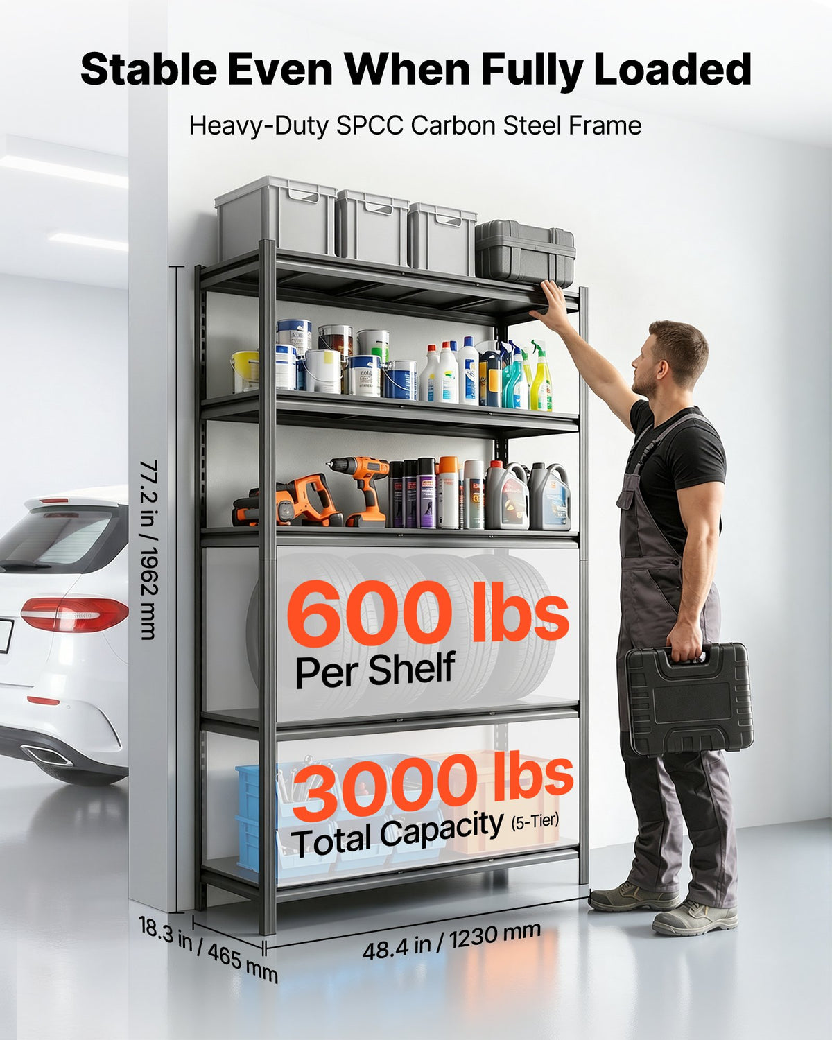 Storage Shelves, 5-Tier Adjustable, 1360.8kg Capacity, Heavy Duty Garage Storage Shelving Unit, Metal Utility Rack Shelf, for Garage Workshop Warehouse Basement, 1230 mm W x 465 mm D x 1962 mm H