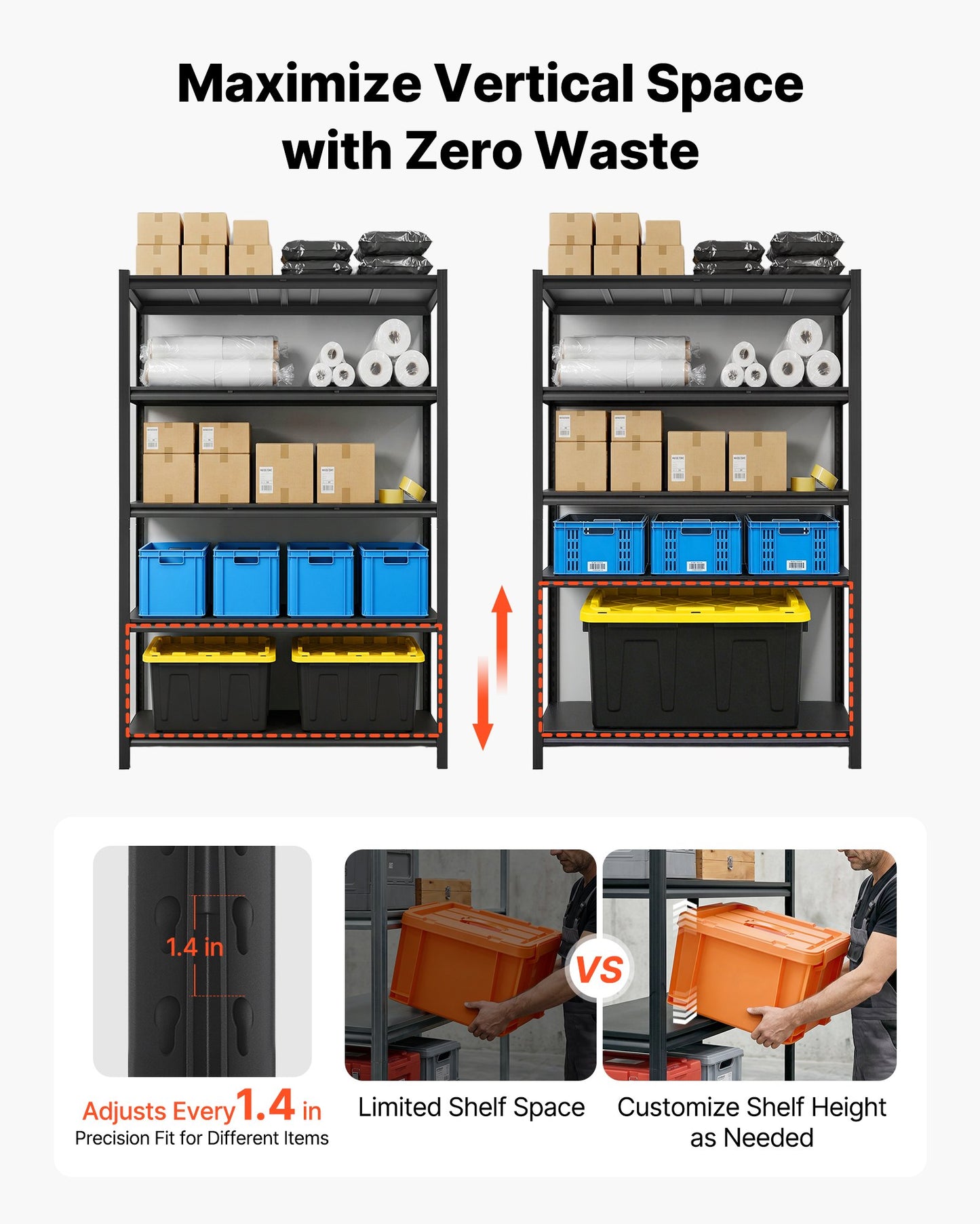 Storage Shelves, 5-Tier Adjustable, 1360.8kg Capacity, Heavy Duty Garage Storage Shelving Unit, Metal Utility Rack Shelf, for Garage Workshop Warehouse Basement, 1230 mm W x 465 mm D x 1962 mm H