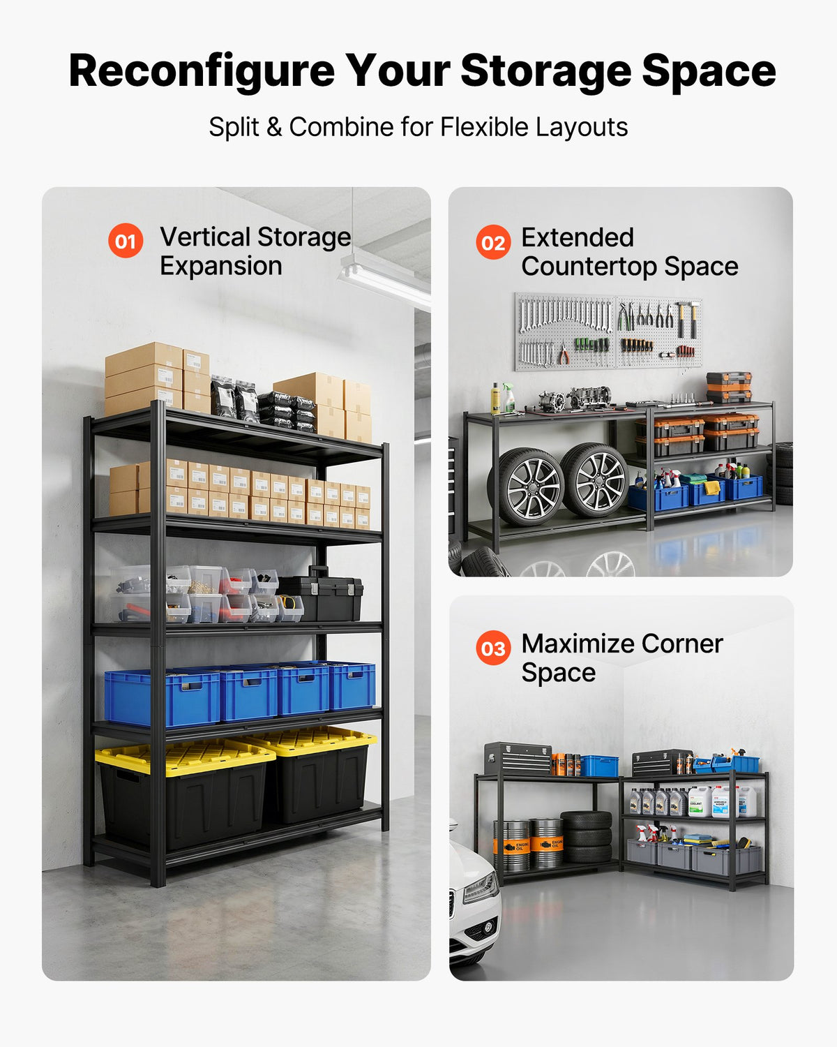 Storage Shelves, 5-Tier Adjustable, 1360.8kg Capacity, Heavy Duty Garage Storage Shelving Unit, Metal Utility Rack Shelf, for Garage Workshop Warehouse Basement, 1230 mm W x 465 mm D x 1962 mm H