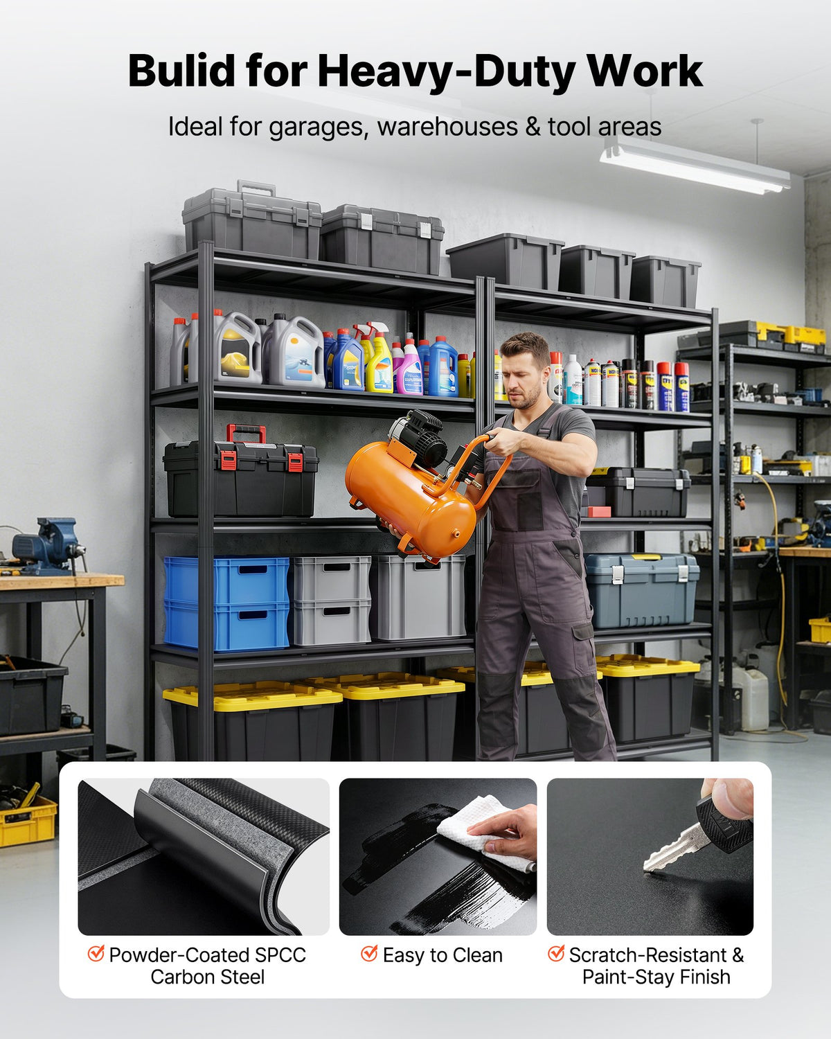 Storage Shelves, 5-Tier Adjustable, 1360.8kg Capacity, Heavy Duty Garage Storage Shelving Unit, Metal Utility Rack Shelf, for Garage Workshop Warehouse Basement, 1230 mm W x 465 mm D x 1962 mm H
