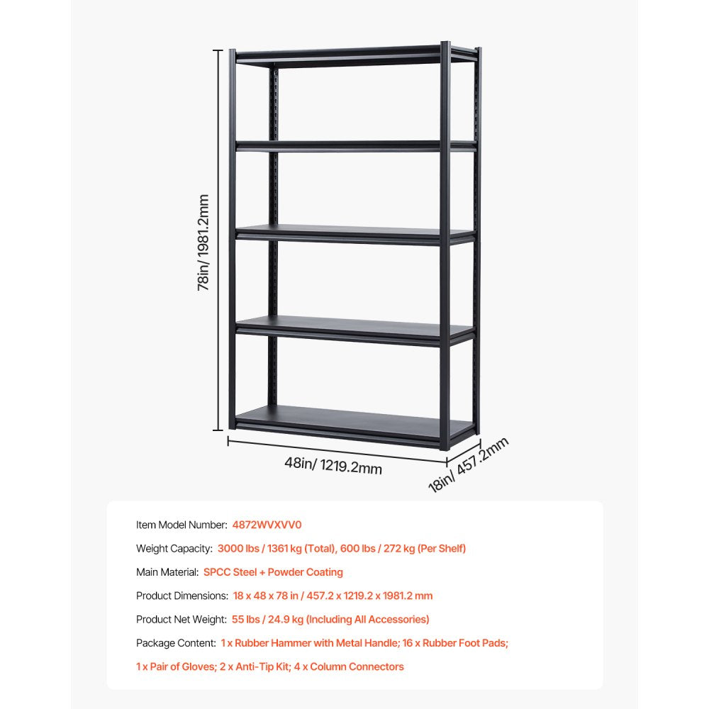 VEVOR Storage Shelves 18" D x 48" W x 78" H 5-tier Garage Storage Shelving，457 x 1219 x 1981 mm