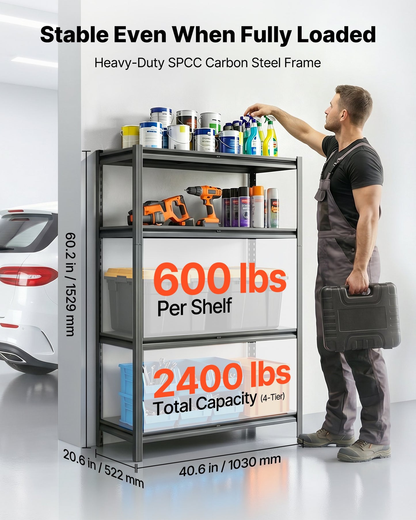 Storage Shelves, 4-Tier Adjustable, 1088.6kg Capacity, Heavy Duty Garage Storage Shelving Unit, Metal Utility Rack Shelf, for Garage Workshop Warehouse Basement, 1030 mm W x 522 mm D x 1529 mm H