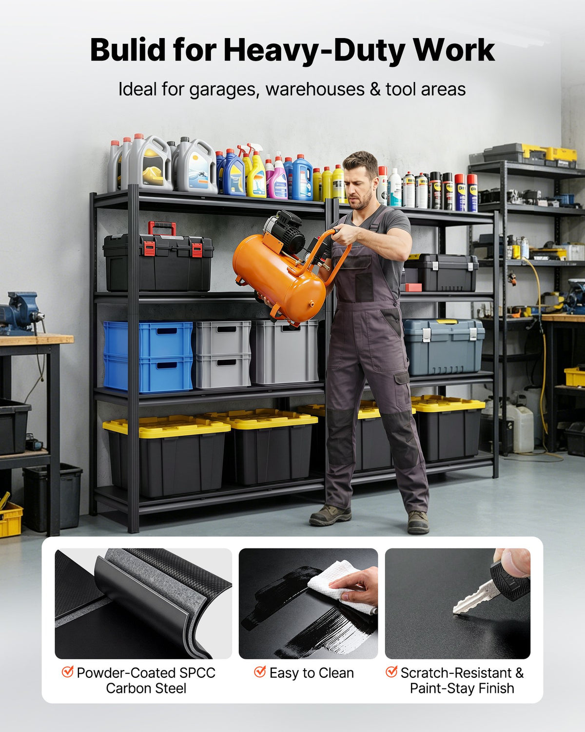 Storage Shelves, 4-Tier Adjustable, 1088.6kg Capacity, Heavy Duty Garage Storage Shelving Unit, Metal Utility Rack Shelf, for Garage Workshop Warehouse Basement, 1030 mm W x 522 mm D x 1529 mm H