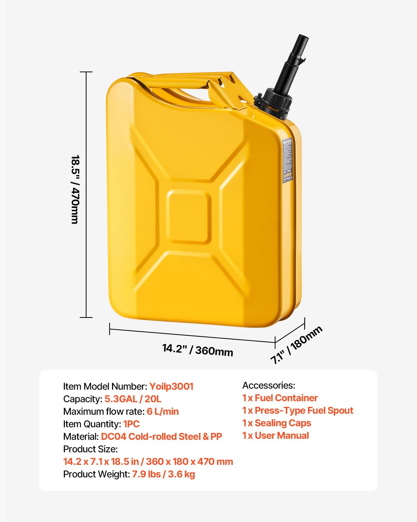 Metal Fuel Container, 20 L, Fuel Jerry Can with Spout and Comfort Handle, 6 L/min Max Flow Rate, Leakproof & Corrosion-resistant Metal Gas Tank Most Cars Motorcycle ATV UTV, Yellow