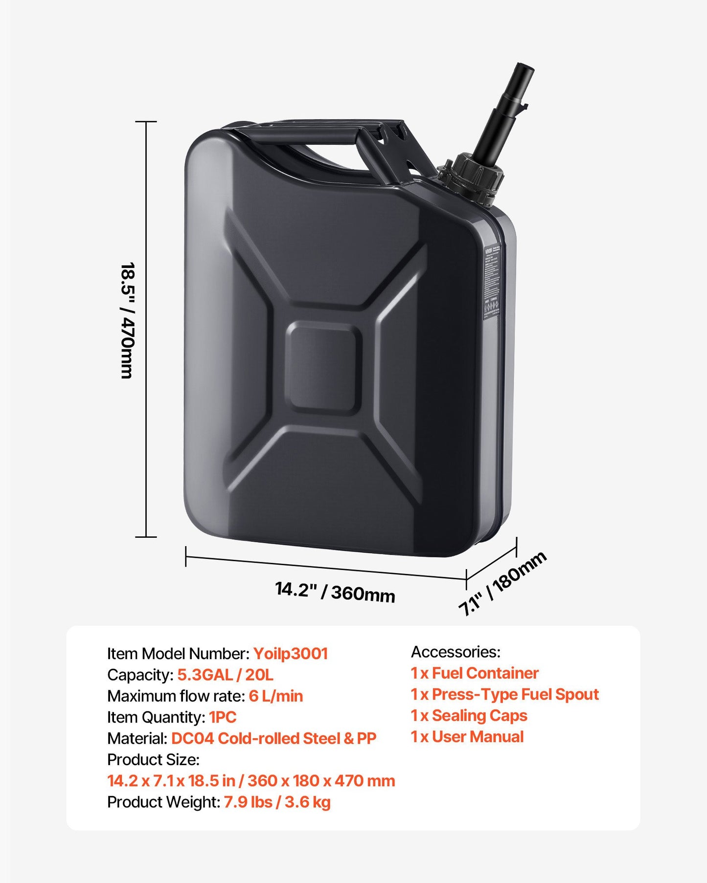 Metal Fuel Container, 20 L, Fuel Jerry Can with Spout and Comfort Handle, 6 L/min Max Flow Rate, Leakproof & Corrosion-resistant Metal Gas Tank Most Cars Motorcycle ATV UTV, Black