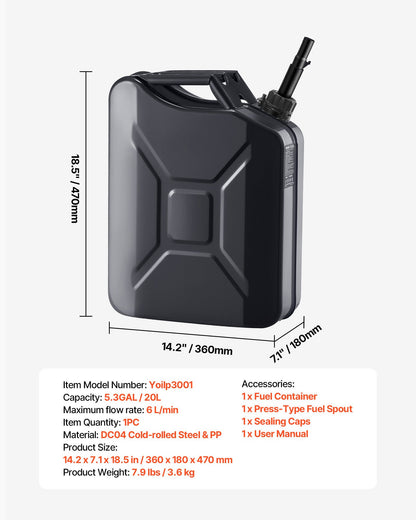 Metal Fuel Container, 20 L, Fuel Jerry Can with Spout and Comfort Handle, 6 L/min Max Flow Rate, Leakproof & Corrosion-resistant Metal Gas Tank Most Cars Motorcycle ATV UTV, Black