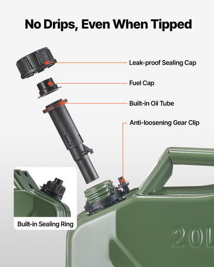 Metal Fuel Container, 20 L, Fuel Jerry Can with Spout and Comfort Handle, 6 L/min Max Flow Rate, Leakproof & Corrosion-resistant Metal Gas Tank Most Cars Motorcycle ATV UTV, Green