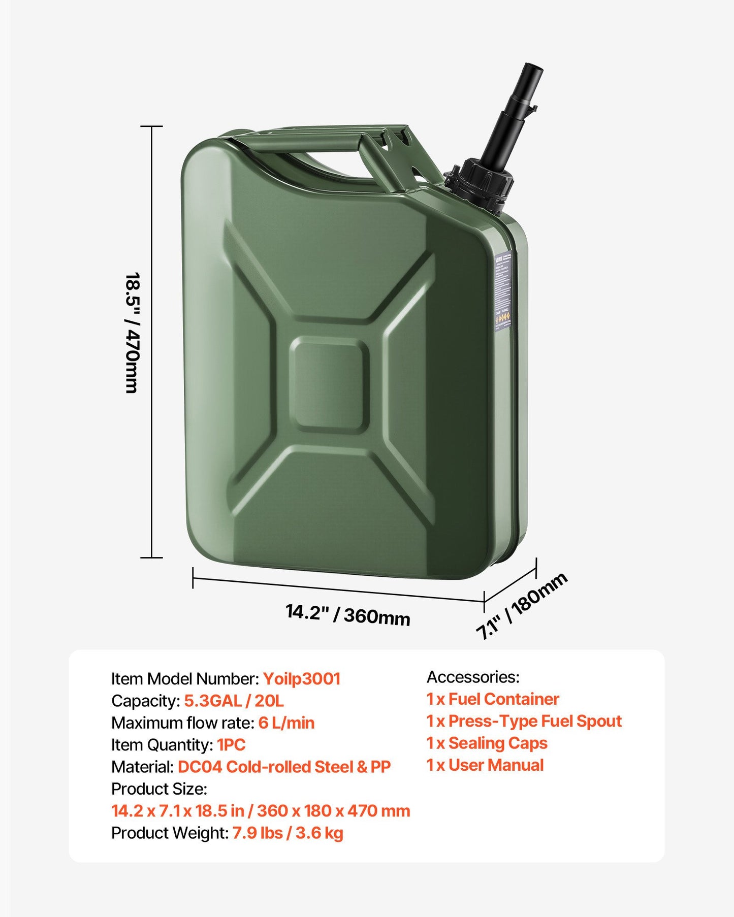 Metal Fuel Container, 20 L, Fuel Jerry Can with Spout and Comfort Handle, 6 L/min Max Flow Rate, Leakproof & Corrosion-resistant Metal Gas Tank Most Cars Motorcycle ATV UTV, Green