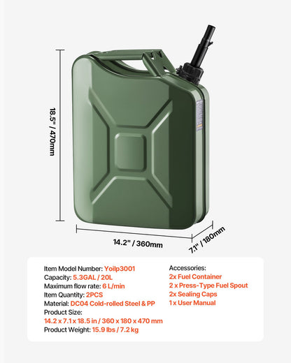 Metal Fuel Container, 20 L, Fuel Jerry Can with Spout and Comfort Handle, 6 L/min Max Flow Rate, Leakproof & Corrosion-resistant Metal Gas Tank Most Cars Motorcycle ATV UTV, Green, 2 Packs