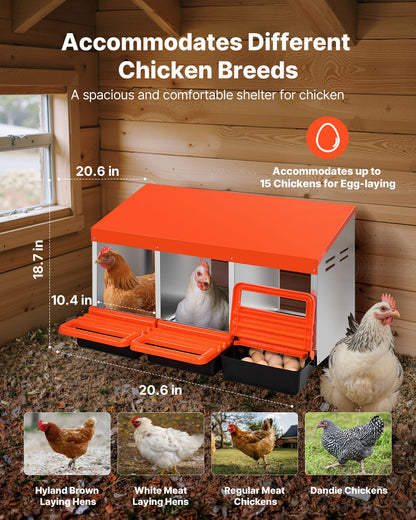Chicken Nesting Boxes, 3 Compartments, Metal Egg Laying Boxes with Protective Collection Lids, Roll Out Nesting Box, Easy to Assemble, Ideal for Hens, Ducks, Chickens, and Other Poultry, Orange