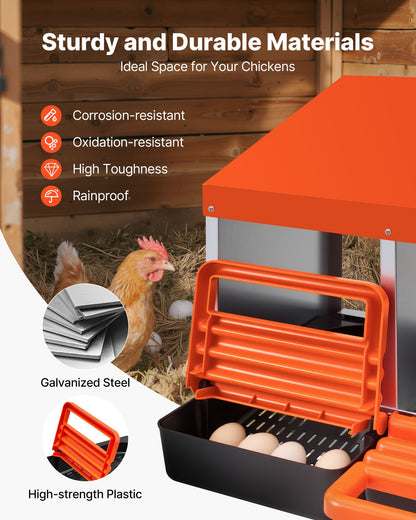 Chicken Nesting Boxes, 3 Compartments, Metal Egg Laying Boxes with Protective Collection Lids, Roll Out Nesting Box, Easy to Assemble, Ideal for Hens, Ducks, Chickens, and Other Poultry, Orange