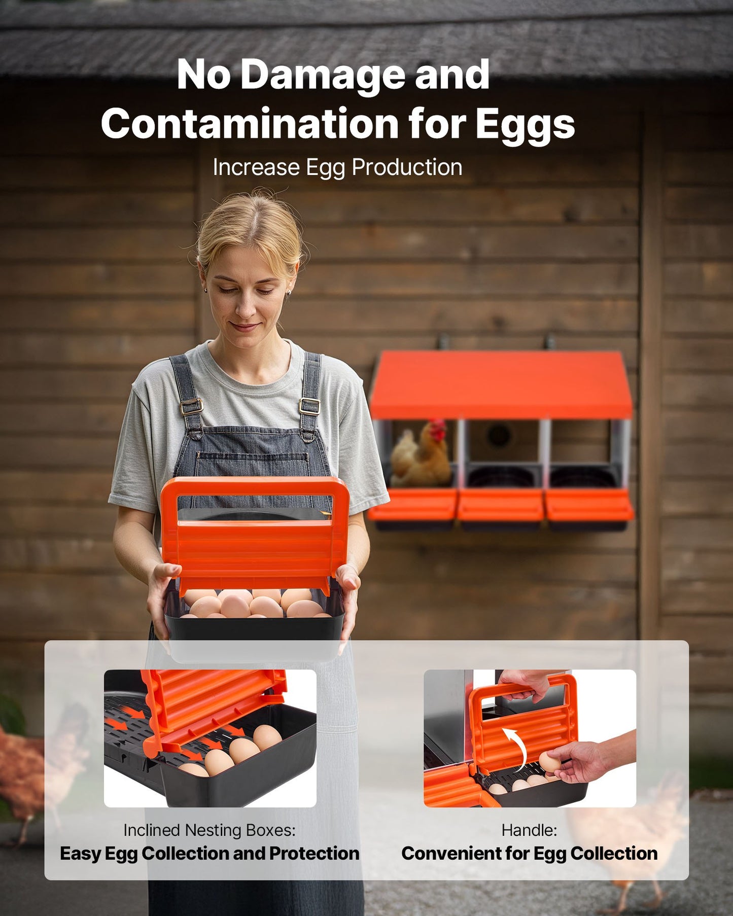 Chicken Nesting Boxes, 3 Compartments, Metal Egg Laying Boxes with Protective Collection Lids, Roll Out Nesting Box, Easy to Assemble, Ideal for Hens, Ducks, Chickens, and Other Poultry, Orange
