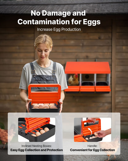 Chicken Nesting Boxes, 3 Compartments, Metal Egg Laying Boxes with Protective Collection Lids, Roll Out Nesting Box, Easy to Assemble, Ideal for Hens, Ducks, Chickens, and Other Poultry, Orange