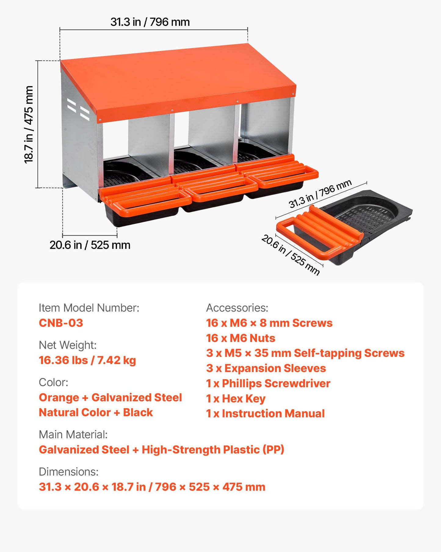Chicken Nesting Boxes, 3 Compartments, Metal Egg Laying Boxes with Protective Collection Lids, Roll Out Nesting Box, Easy to Assemble, Ideal for Hens, Ducks, Chickens, and Other Poultry, Orange