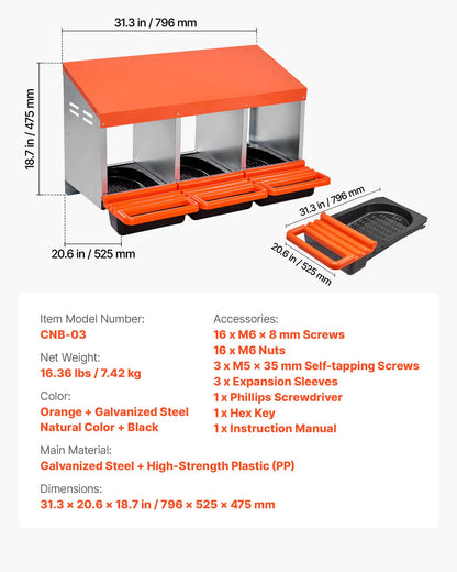 Chicken Nesting Boxes, 3 Compartments, Metal Egg Laying Boxes with Protective Collection Lids, Roll Out Nesting Box, Easy to Assemble, Ideal for Hens, Ducks, Chickens, and Other Poultry, Orange