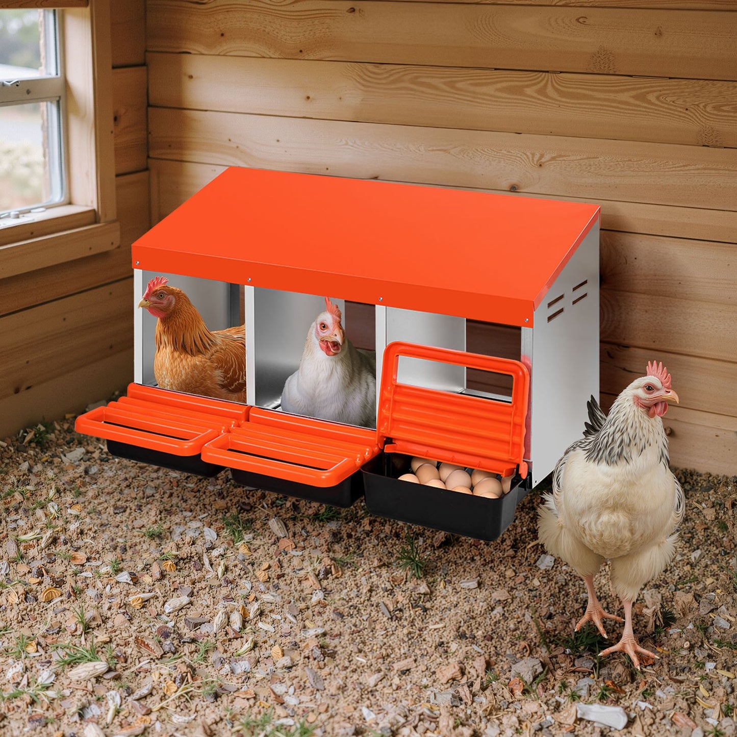 Chicken Nesting Boxes, 3 Compartments, Metal Egg Laying Boxes with Protective Collection Lids, Roll Out Nesting Box, Easy to Assemble, Ideal for Hens, Ducks, Chickens, and Other Poultry, Orange