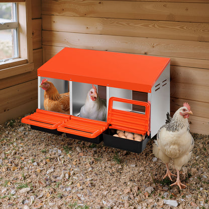Chicken Nesting Boxes, 3 Compartments, Metal Egg Laying Boxes with Protective Collection Lids, Roll Out Nesting Box, Easy to Assemble, Ideal for Hens, Ducks, Chickens, and Other Poultry, Orange