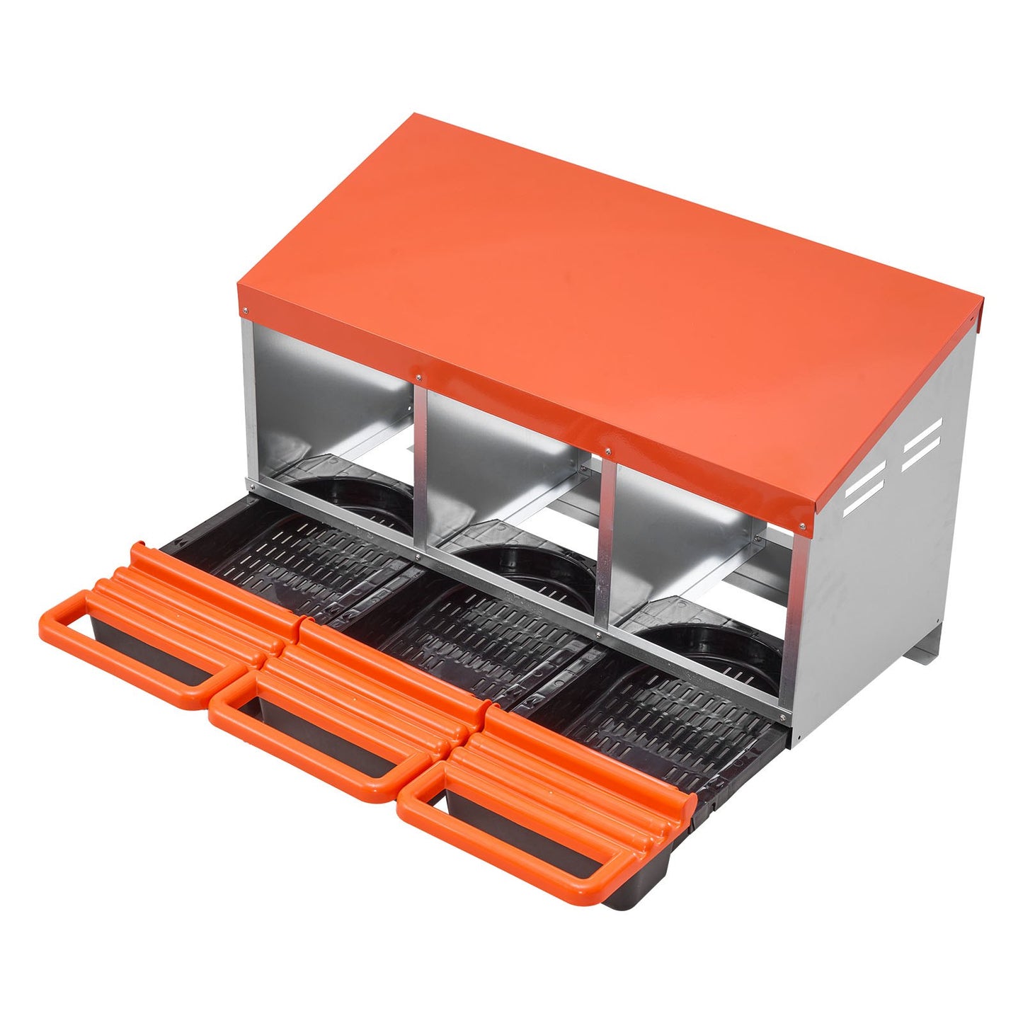 Chicken Nesting Boxes, 3 Compartments, Metal Egg Laying Boxes with Protective Collection Lids, Roll Out Nesting Box, Easy to Assemble, Ideal for Hens, Ducks, Chickens, and Other Poultry, Orange