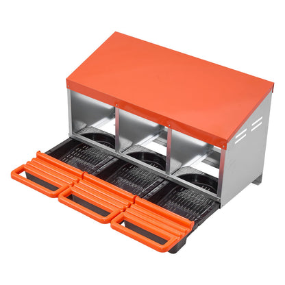 Chicken Nesting Boxes, 3 Compartments, Metal Egg Laying Boxes with Protective Collection Lids, Roll Out Nesting Box, Easy to Assemble, Ideal for Hens, Ducks, Chickens, and Other Poultry, Orange