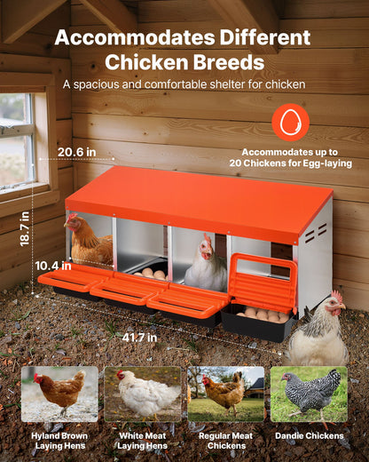 Chicken Nesting Boxes, 4 Compartments, Metal Egg Laying Boxes with Protective Collection Lids, Roll Out Nesting Box, Easy to Assemble, Ideal for Hens, Ducks, Chickens, and Other Poultry, Orange