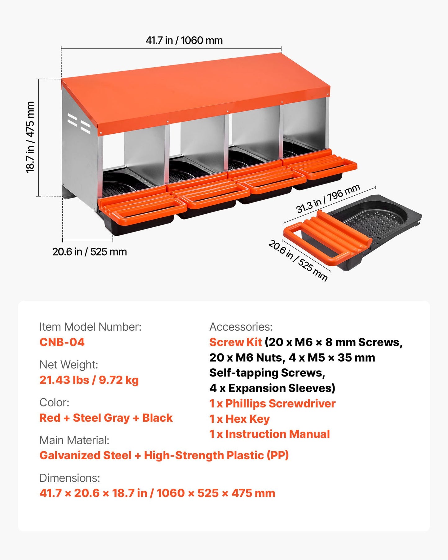 Chicken Nesting Boxes, 4 Compartments, Metal Egg Laying Boxes with Protective Collection Lids, Roll Out Nesting Box, Easy to Assemble, Ideal for Hens, Ducks, Chickens, and Other Poultry, Orange
