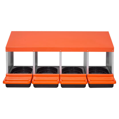 Chicken Nesting Boxes, 4 Compartments, Metal Egg Laying Boxes with Protective Collection Lids, Roll Out Nesting Box, Easy to Assemble, Ideal for Hens, Ducks, Chickens, and Other Poultry, Orange
