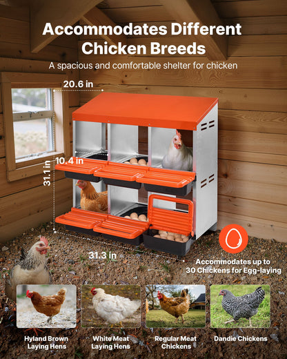 2 Tiers Chicken Nesting Boxes, 6 Compartments, Metal Egg Laying Boxes with Protective Collection Lids, Roll Out Nesting Box, Easy to Assemble, Ideal for Hens, Ducks, Chickens, and Other Poultry
