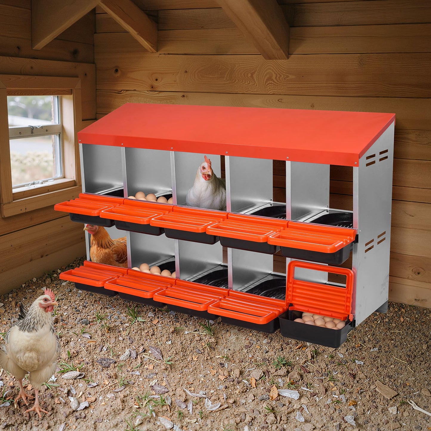 2 Tiers Chicken Nesting Boxes, 10 Compartments, Metal Egg Laying Boxes with Protective Collection Lids, Roll Out Nesting Box, Easy to Assemble, Ideal for Hens, Ducks, Chickens, and Other Poultry