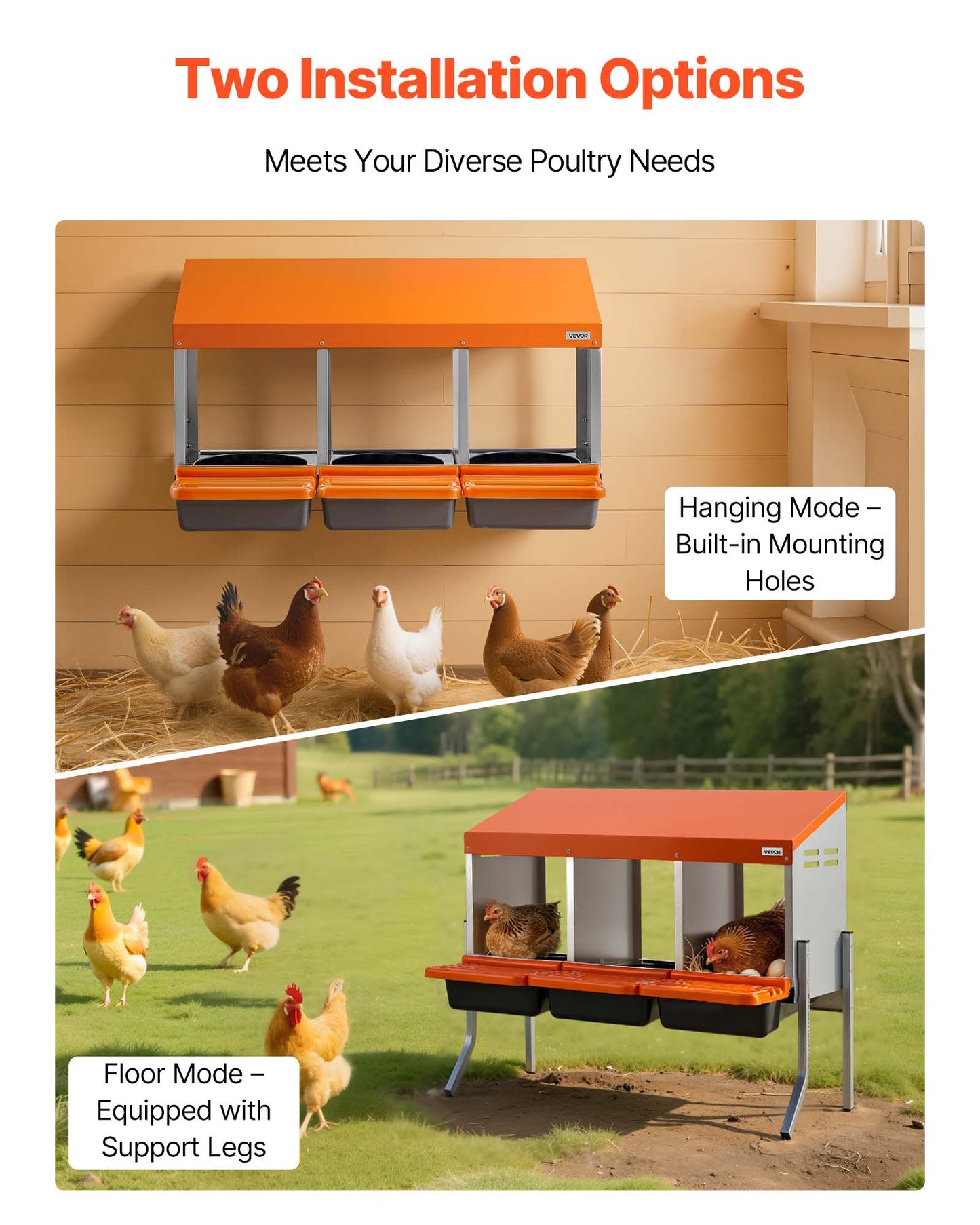 Chicken Nesting Boxes, 3 Compartments, with Support Legs, Easy Egg Collection, Galvanized Steel and High-Strength Plastic, Roll Away Nesting Boxes for Chickens and Hens Laying Eggs, Orange