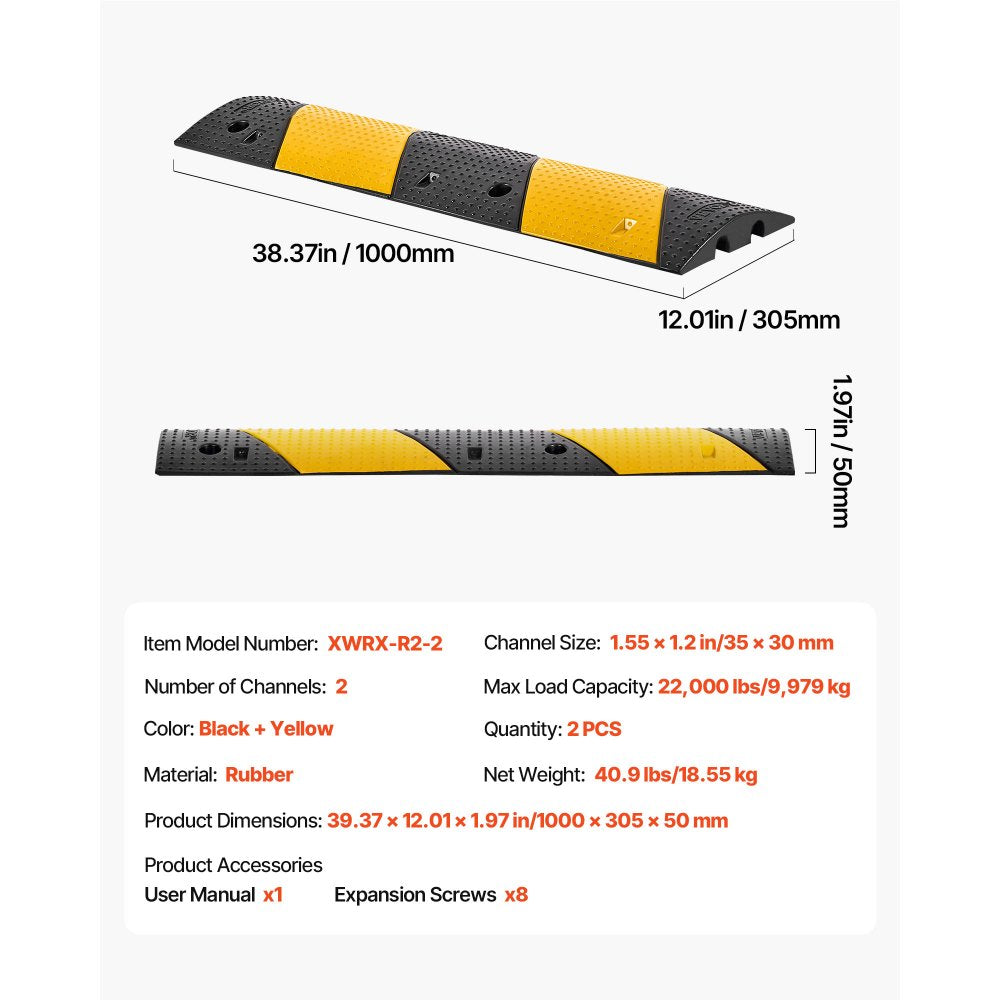 1000MM Rubber Speed Bump, 2 Pack, 2 Channel Heavy Duty Traffic Speed Hump, 9,979 kg/Axle Load Capacity, Cable Protector Ramp with Expansion Screws, for Asphalt Concrete Gravel Driveway and Road