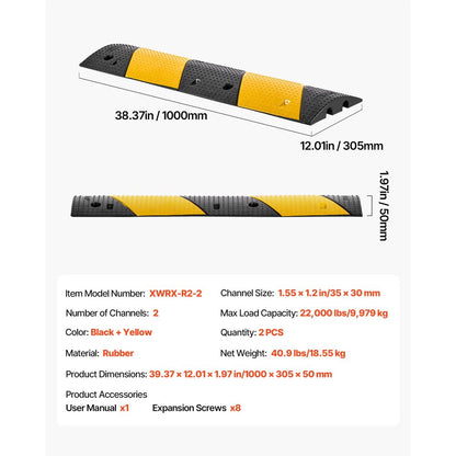 1000MM Rubber Speed Bump, 2 Pack, 2 Channel Heavy Duty Traffic Speed Hump, 9,979 kg/Axle Load Capacity, Cable Protector Ramp with Expansion Screws, for Asphalt Concrete Gravel Driveway and Road