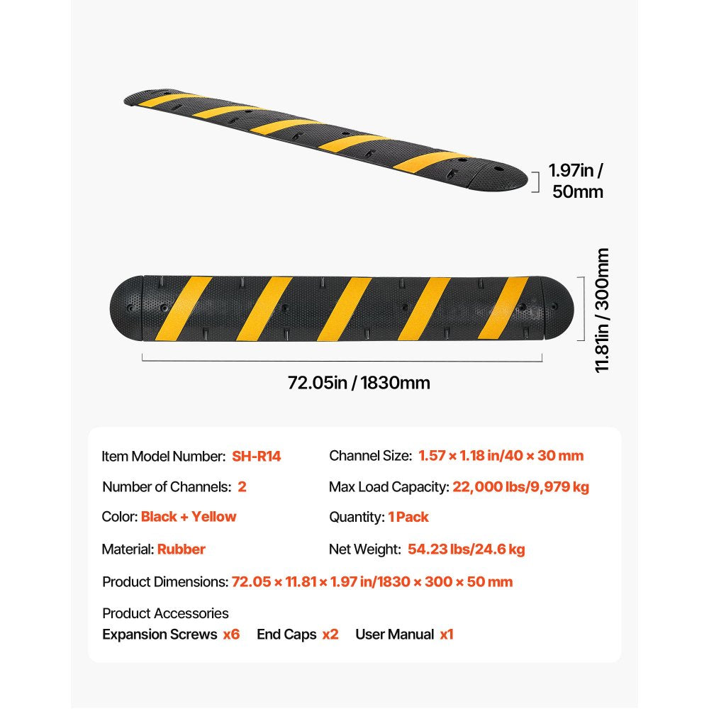 1830MM Rubber Speed Bump, 2 Channel, Heavy Duty Traffic Speed Hump, 9,979 kg/axle Load Capacity, Cable Protector Ramp with Expansion Screws, for Asphalt Concrete Gravel Driveway Road, 1 Pack