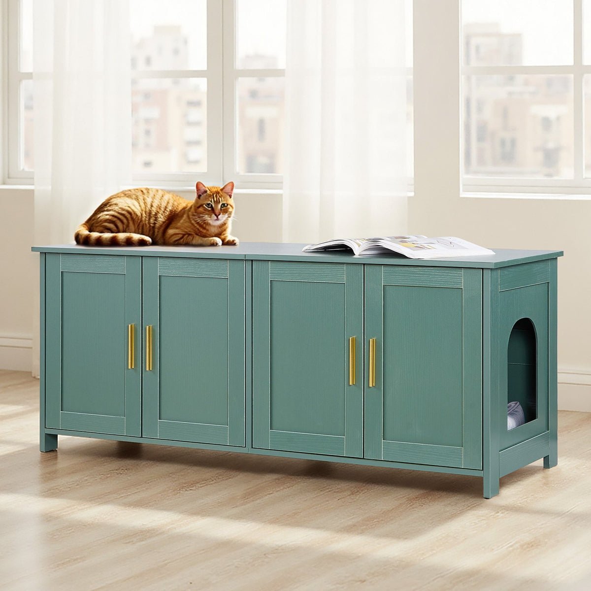 Cat Litter Box Enclosure for Multi Cats, 120cm Hidden Litter Box Cabinet with 4 Doors & 2 Entries, Indoor Cat Washroom, Wooden Kitty House Furniture Side Table, Fit Most Litterboxes, Green