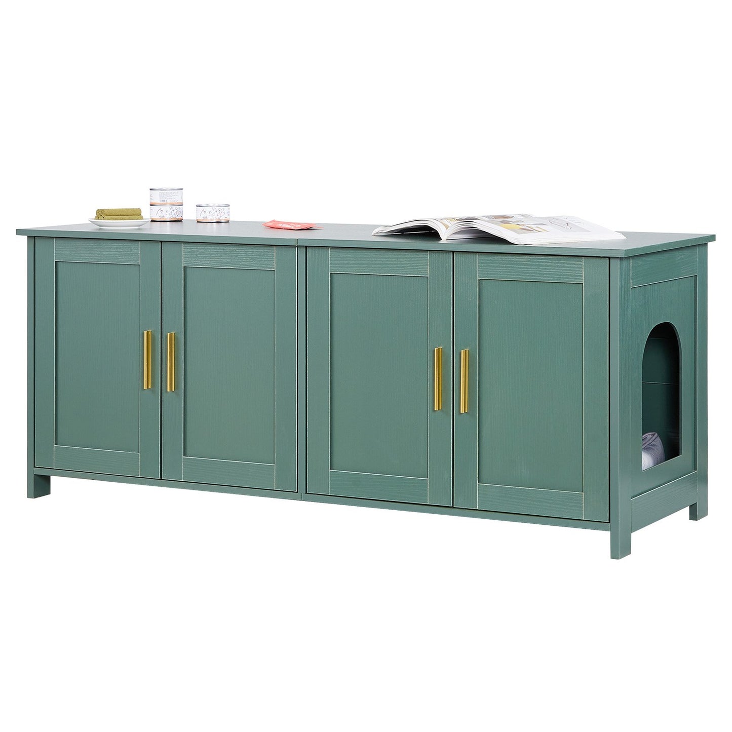 Cat Litter Box Enclosure for Multi Cats, 120cm Hidden Litter Box Cabinet with 4 Doors & 2 Entries, Indoor Cat Washroom, Wooden Kitty House Furniture Side Table, Fit Most Litterboxes, Green