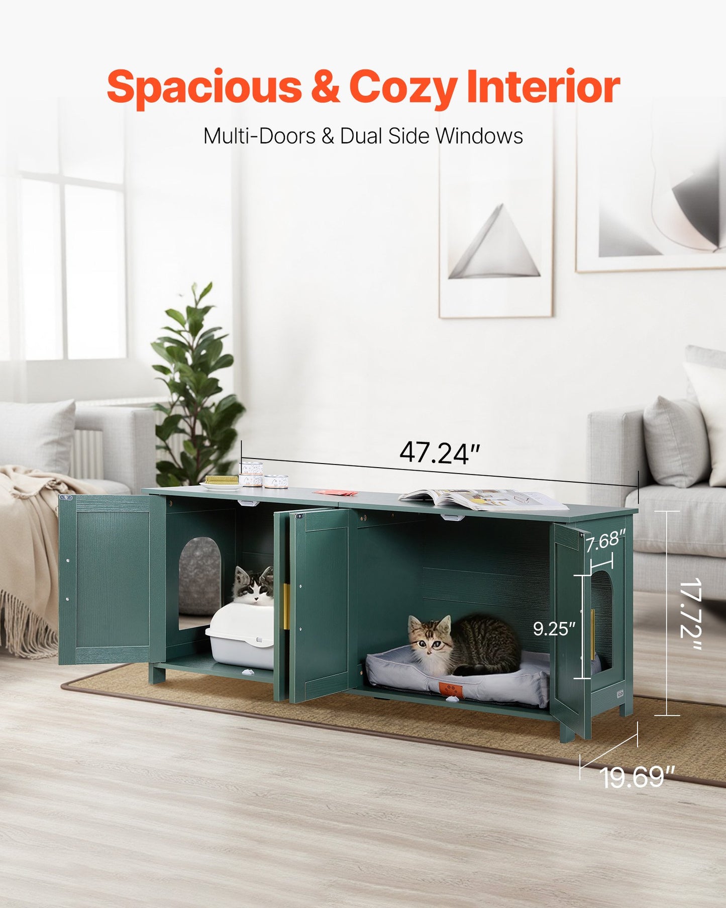 Cat Litter Box Enclosure for Multi Cats, 120 cm Hidden Litter Box Cabinet with 4 Rattan Doors & 2 Entries, Indoor Cat Washroom, Wooden Kitty House Furniture, Fit Most Litterboxes, Green